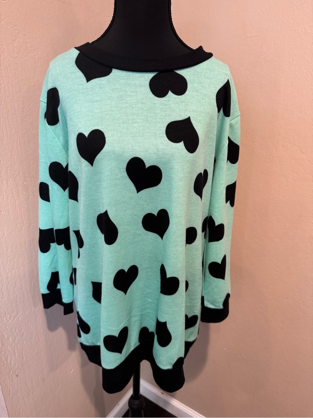 No Boundaries Fun Mint Green Sweater with Black Trim and Black Hearts